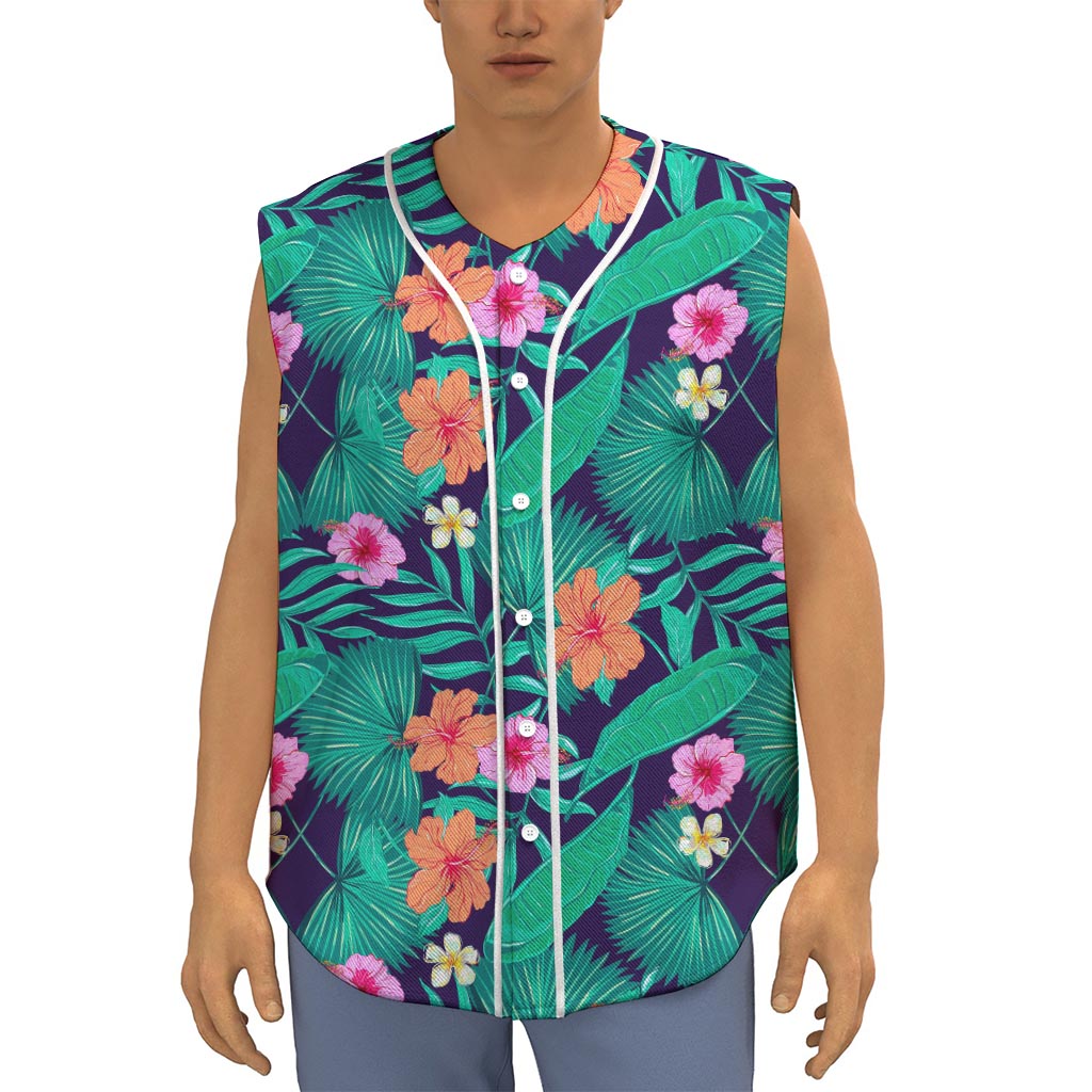 Teal Hawaiian Leaf Flower Pattern Print Sleeveless Baseball Jersey