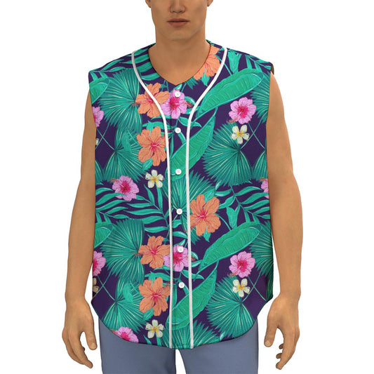 Teal Hawaiian Leaf Flower Pattern Print Sleeveless Baseball Jersey