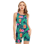 Teal Hawaiian Leaf Flower Pattern Print Sleeveless One Piece Swimsuit