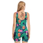 Teal Hawaiian Leaf Flower Pattern Print Sleeveless One Piece Swimsuit