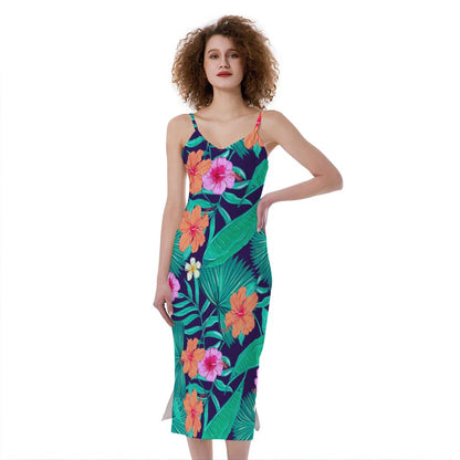 Teal Hawaiian Leaf Flower Pattern Print Slim Fit Midi Cami Dress