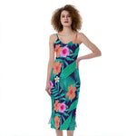 Teal Hawaiian Leaf Flower Pattern Print Slim Fit Midi Cami Dress