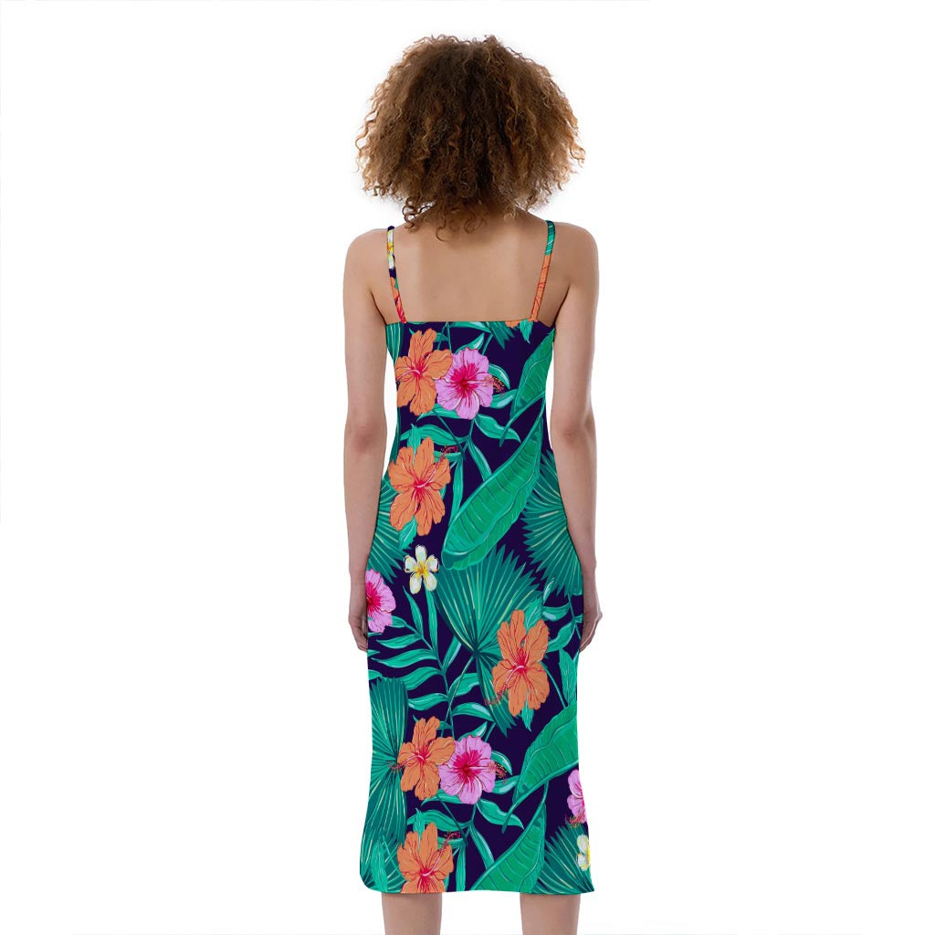 Teal Hawaiian Leaf Flower Pattern Print Slim Fit Midi Cami Dress