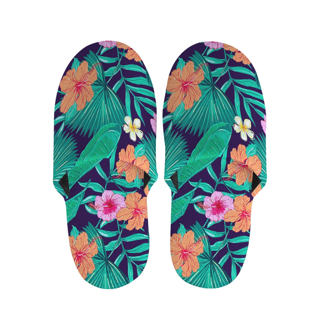Teal Hawaiian Leaf Flower Pattern Print Slippers