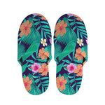 Teal Hawaiian Leaf Flower Pattern Print Slippers