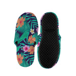 Teal Hawaiian Leaf Flower Pattern Print Slippers