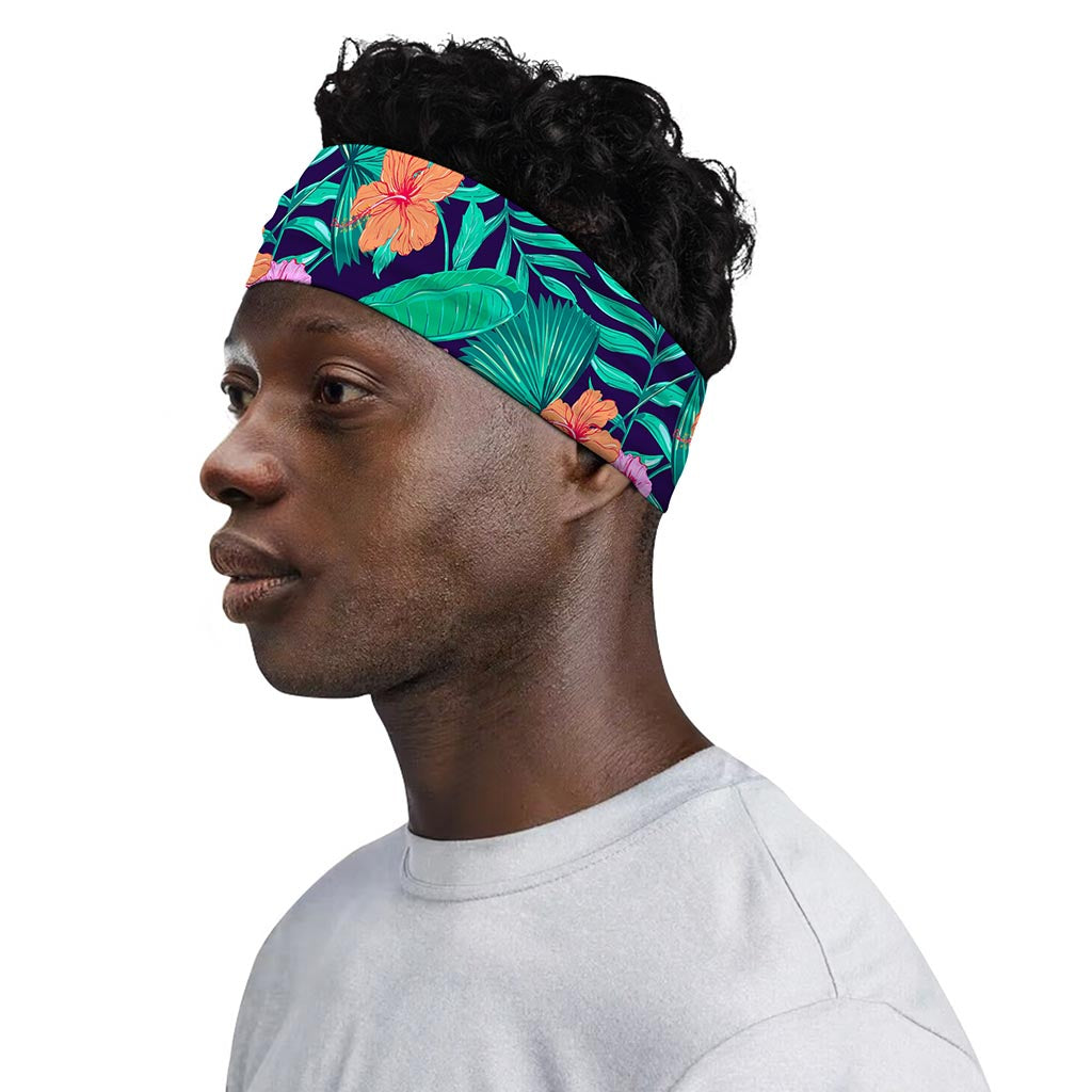 Teal Hawaiian Leaf Flower Pattern Print Sports Headband