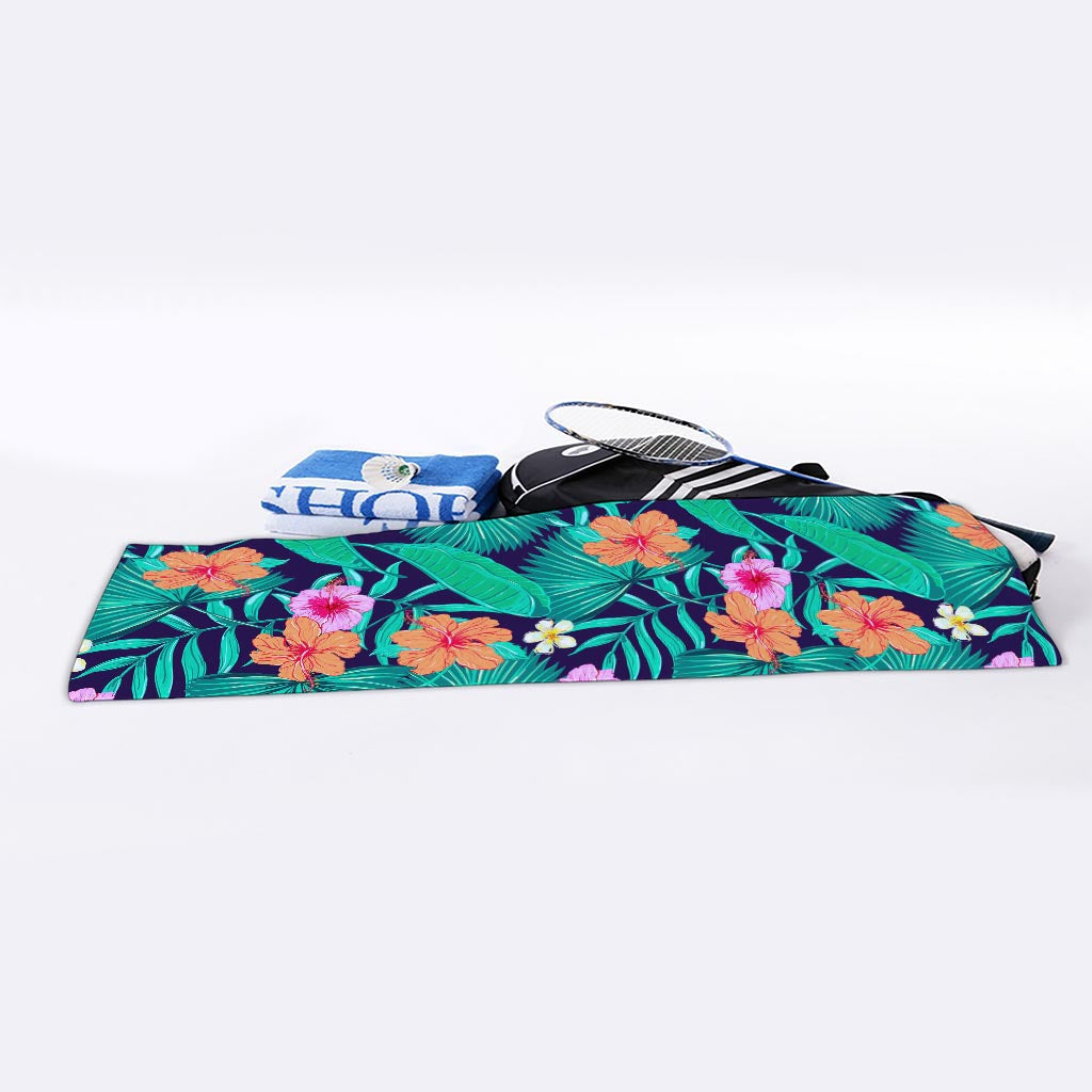 Teal Hawaiian Leaf Flower Pattern Print Sports Towel