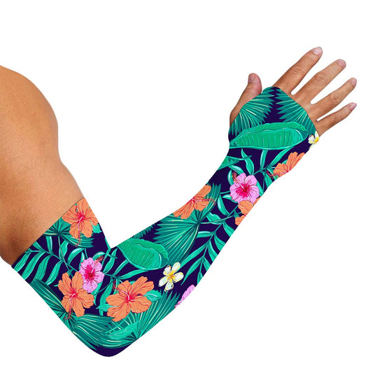 Teal Hawaiian Leaf Flower Pattern Print Sun Protection Arm Sleeves