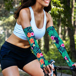 Teal Hawaiian Leaf Flower Pattern Print Sun Protection Arm Sleeves