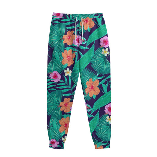 Teal Hawaiian Leaf Flower Pattern Print Sweatpants
