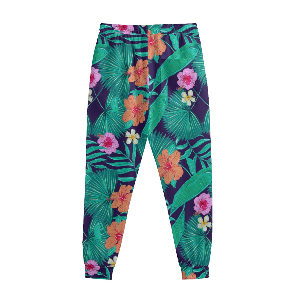 Teal Hawaiian Leaf Flower Pattern Print Sweatpants