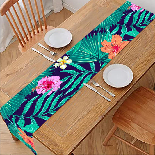 Teal Hawaiian Leaf Flower Pattern Print Table Runner