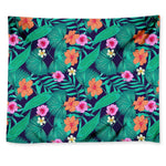 Teal Hawaiian Leaf Flower Pattern Print Tapestry