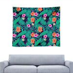 Teal Hawaiian Leaf Flower Pattern Print Tapestry