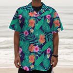 Teal Hawaiian Leaf Flower Pattern Print Textured Short Sleeve Shirt