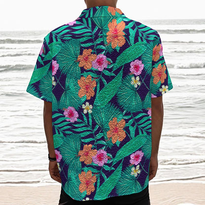 Teal Hawaiian Leaf Flower Pattern Print Textured Short Sleeve Shirt