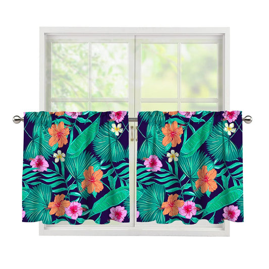 Teal Hawaiian Leaf Flower Pattern Print Tier Curtains