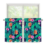 Teal Hawaiian Leaf Flower Pattern Print Tier Curtains
