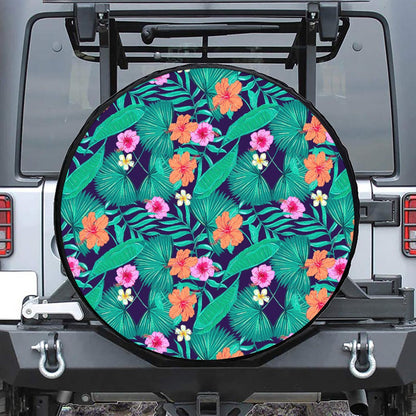 Teal Hawaiian Leaf Flower Pattern Print Tire Cover