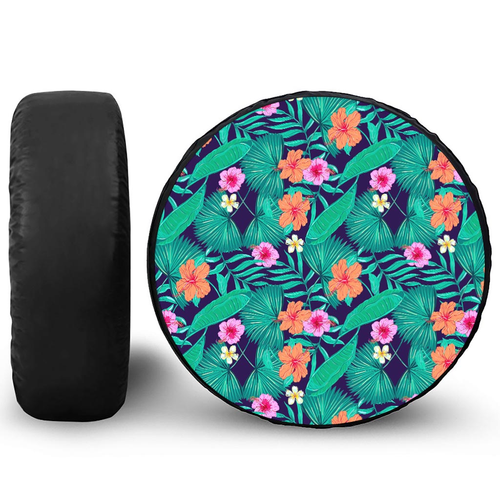 Teal Hawaiian Leaf Flower Pattern Print Tire Cover