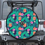 Teal Hawaiian Leaf Flower Pattern Print Tire Cover With Camera Hole