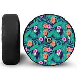 Teal Hawaiian Leaf Flower Pattern Print Tire Cover With Camera Hole