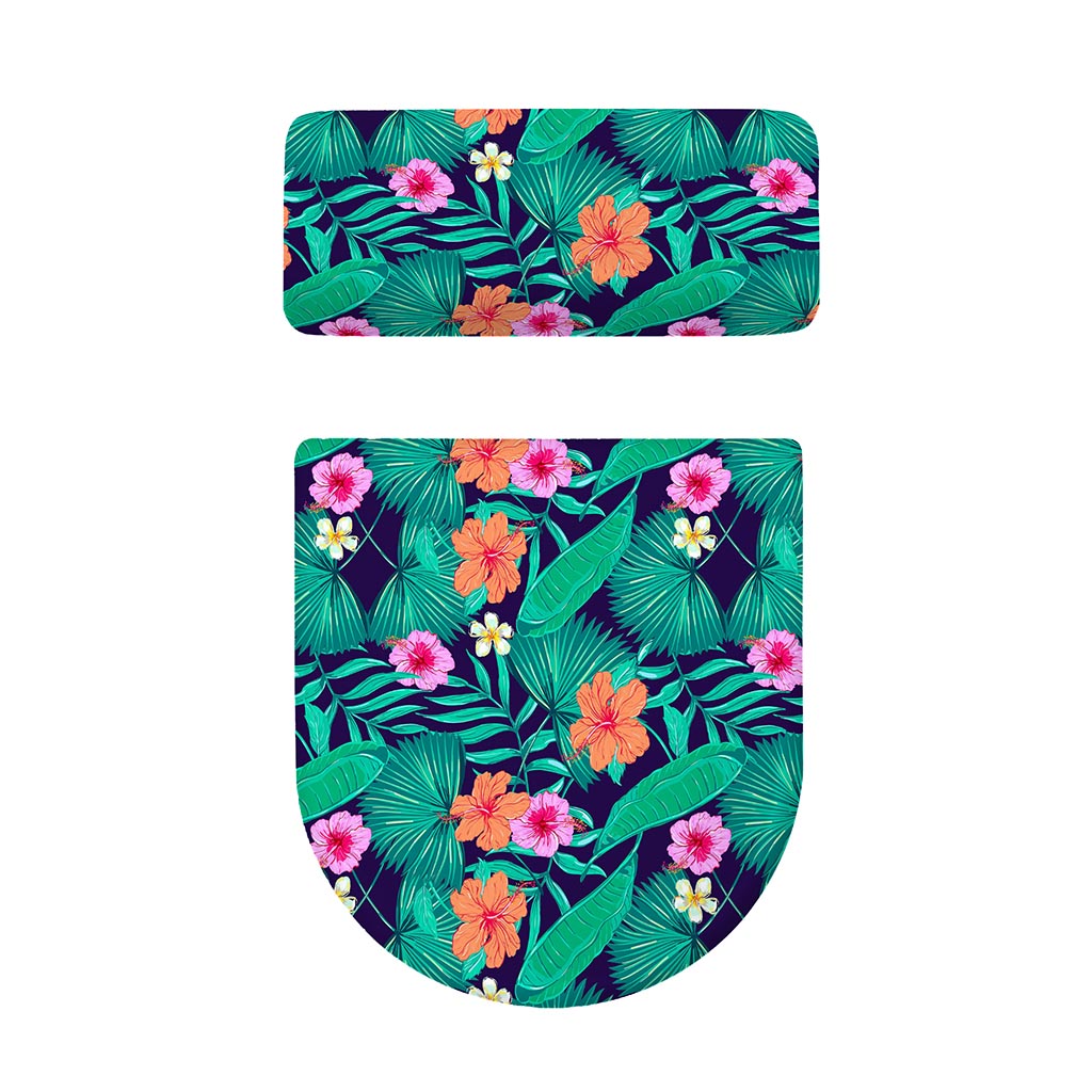 Teal Hawaiian Leaf Flower Pattern Print Toilet Lid And Tank Cover Set