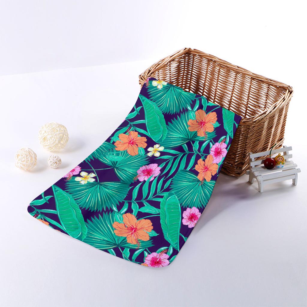 Teal Hawaiian Leaf Flower Pattern Print Towel