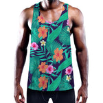 Teal Hawaiian Leaf Flower Pattern Print Training Tank Top