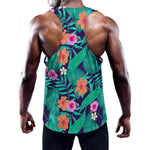 Teal Hawaiian Leaf Flower Pattern Print Training Tank Top