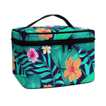 Teal Hawaiian Leaf Flower Pattern Print Travel Makeup Bag