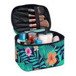Teal Hawaiian Leaf Flower Pattern Print Travel Makeup Bag