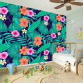 Teal Hawaiian Leaf Flower Pattern Print Wall Sticker