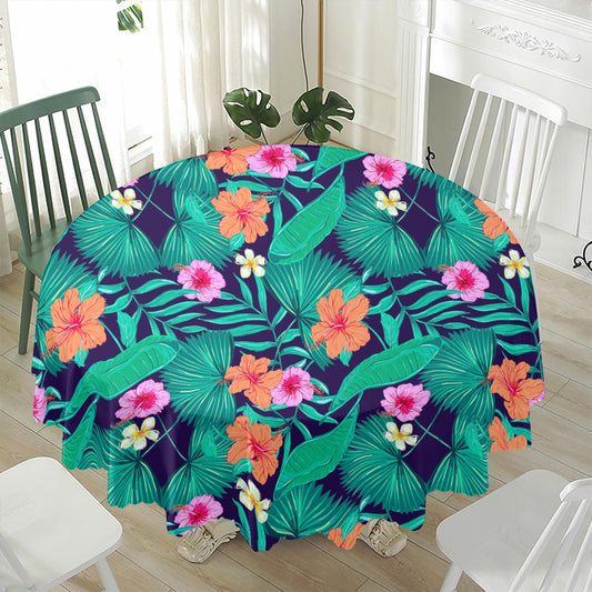 Teal Hawaiian Leaf Flower Pattern Print Waterproof Round Tablecloth