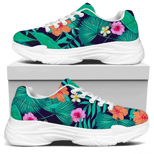 Teal Hawaiian Leaf Flower Pattern Print White Chunky Shoes