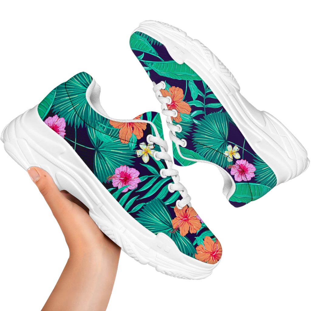 Teal Hawaiian Leaf Flower Pattern Print White Chunky Shoes