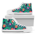Teal Hawaiian Leaf Flower Pattern Print White High Top Sneakers