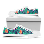 Teal Hawaiian Leaf Flower Pattern Print White Low Top Sneakers