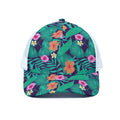 Teal Hawaiian Leaf Flower Pattern Print White Mesh Trucker Hat