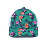 Teal Hawaiian Leaf Flower Pattern Print White Mesh Trucker Cap
