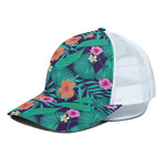 Teal Hawaiian Leaf Flower Pattern Print White Mesh Trucker Cap