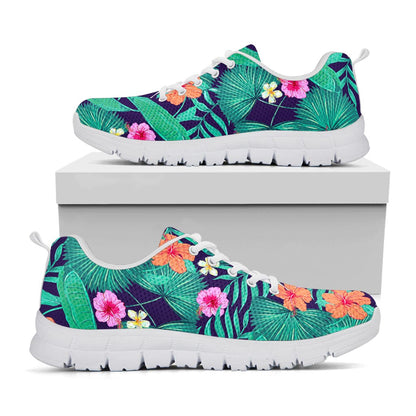 Teal Hawaiian Leaf Flower Pattern Print White Running Shoes