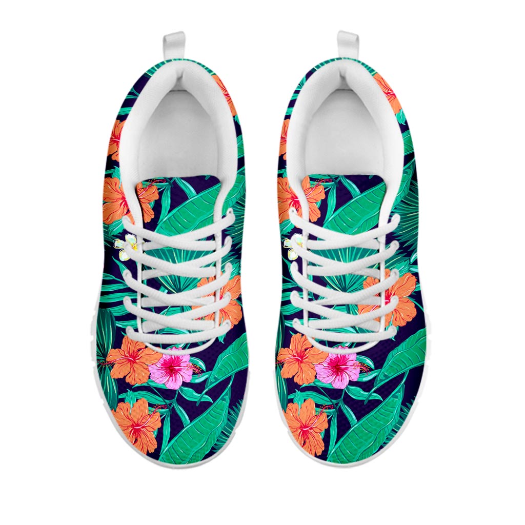 Teal Hawaiian Leaf Flower Pattern Print White Running Shoes