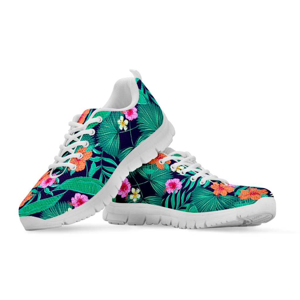 Teal Hawaiian Leaf Flower Pattern Print White Running Shoes