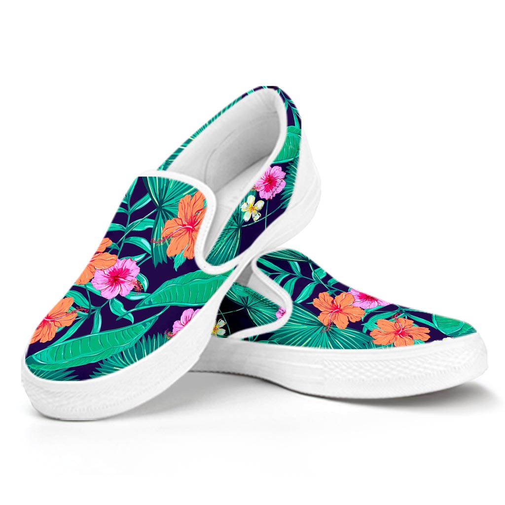 Teal Hawaiian Leaf Flower Pattern Print White Slip On Sneakers