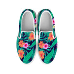 Teal Hawaiian Leaf Flower Pattern Print White Slip On Sneakers