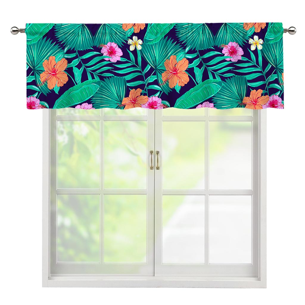 Teal Hawaiian Leaf Flower Pattern Print Window Valance