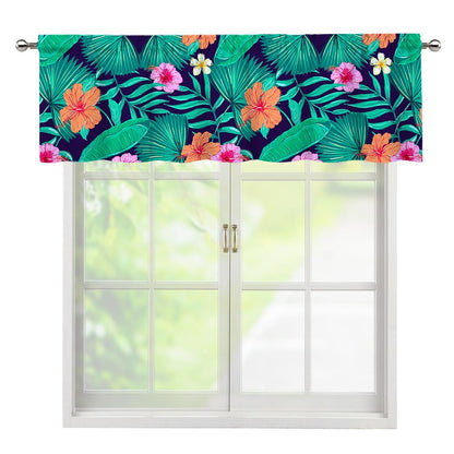 Teal Hawaiian Leaf Flower Pattern Print Window Valance