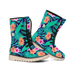 Teal Hawaiian Leaf Flower Pattern Print Winter Boots